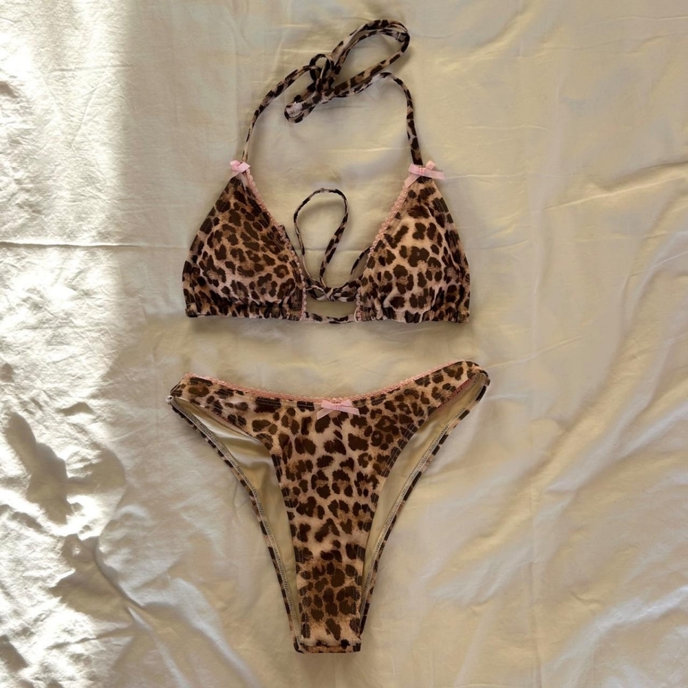 Leopard Print Triangle Bikini Set - Pink Accent